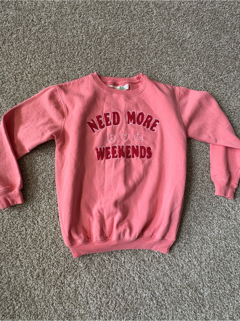 Need More Weekends Pink Chenille Graphic Crewneck Sweatshirt 16/XL Distressed